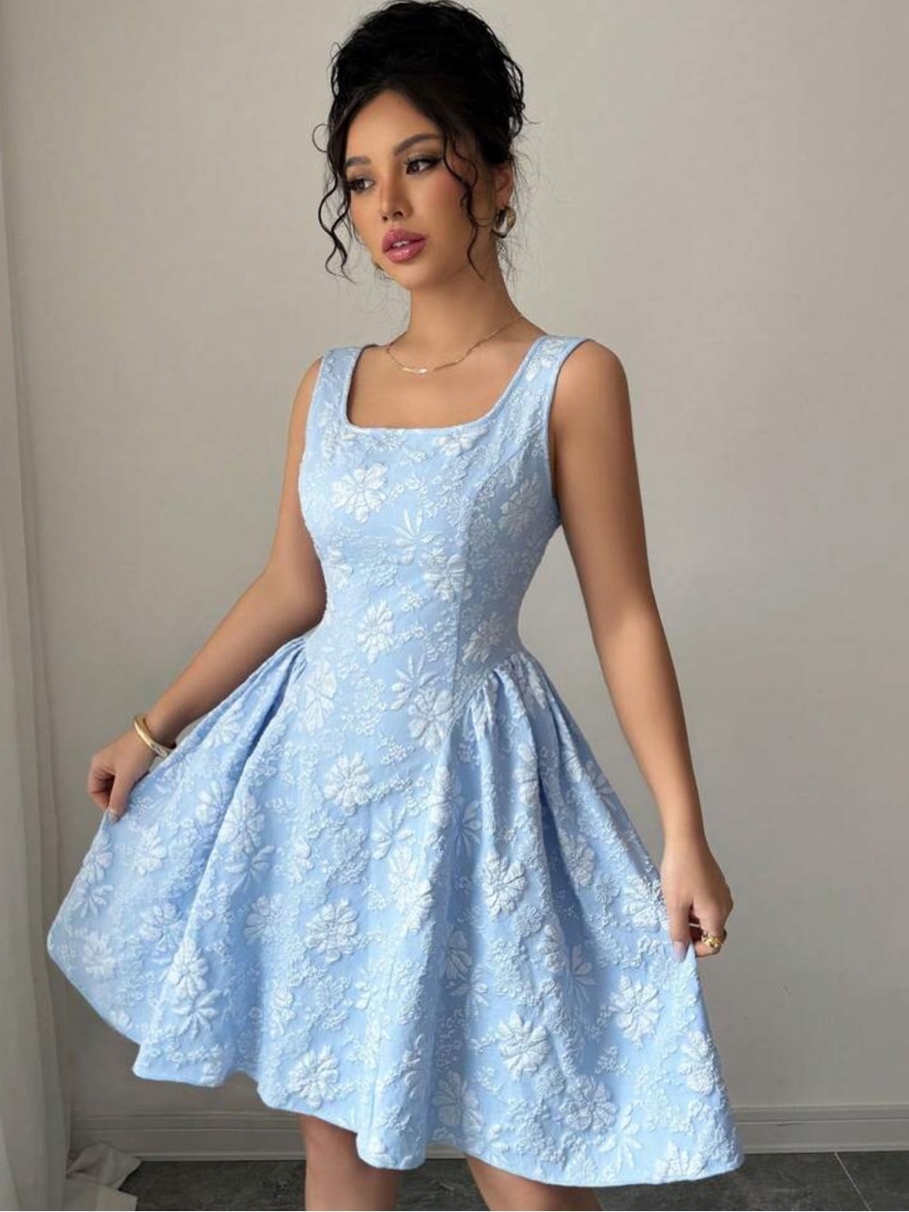 Sleeveless Light Blue Floral Fit & Flare Dress - Elegant Women's Dress